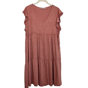 Veveret Tiered Mini Dress M Clay Pink Animal Flutter Sleeve Boho Casual